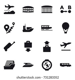 16 vector icon set : weather management, airport building, train, air ballon, suitcase, baggage get, baggage, departure, cruise ship, yacht, compass