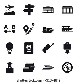 16 vector icon set : weather management, singlepost, airport building, train, air ballon, passport, suitcase, baggage get, baggage, cruise ship, yacht, compass