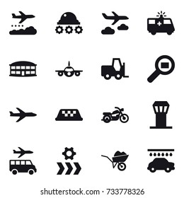 16 vector icon set : weather management, lunar rover, journey, airport building, plane, taxi, motorcycle, airport tower, transfer, wheelbarrow, car wash