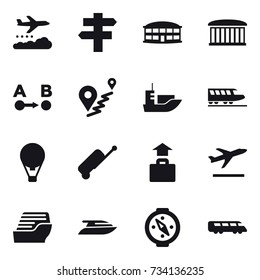 16 vector icon set : weather management, singlepost, airport building, train, air ballon, suitcase, baggage, departure, cruise ship, yacht, compass