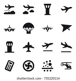 16 vector icon set : weather management, journey, airport tower, plane, deltaplane, airplane, departure, arrival, inflatable mattress, cooler fan