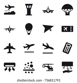 16 vector icon set : weather management, airport tower, plane, air ballon, deltaplane, ticket, airplane, departure, arrival, inflatable mattress, air conditioning, hand dryer