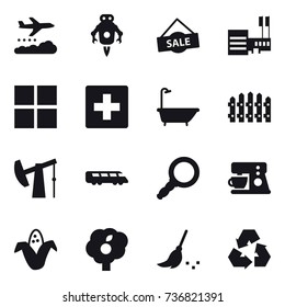 16 vector icon set : weather management, jet robot, sale, mall, window, first aid, bath, fence, corn, garden, broom, recycling