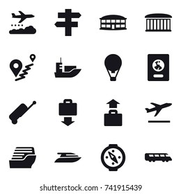 16 vector icon set : weather management, singlepost, airport building, air ballon, passport, suitcase, baggage get, baggage, departure, cruise ship, yacht, compass