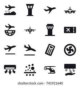 16 vector icon set : weather management, airport tower, plane, ticket, departure, arrival, inflatable mattress, cooler fan, air conditioning, hand dryer