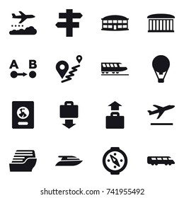16 vector icon set : weather management, singlepost, airport building, train, air ballon, passport, baggage get, baggage, departure, cruise ship, yacht, compass