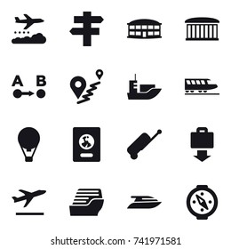 16 vector icon set : weather management, singlepost, airport building, train, air ballon, passport, suitcase, baggage get, departure, cruise ship, yacht, compass
