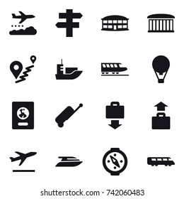 16 vector icon set : weather management, singlepost, airport building, train, air ballon, passport, suitcase, baggage get, baggage, departure, yacht, compass