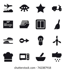 16 vector icon set : weather management, ufo, star, cruise ship, power switch, broom, slippers, cook hat, mortar, sow