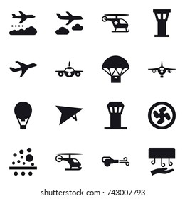 16 vector icon set : weather management, journey, airport tower, plane, air ballon, deltaplane, cooler fan, blower, hand dryer