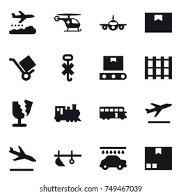 16 vector icon set : weather management, train, bus, departure, arrival, plow, car wash, package