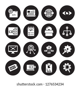 16 vector icon set : Web development, SEO report, Reputation, seo Tags, Seo Tools, Ranking, UX De, Simulation, Software isolated on black background