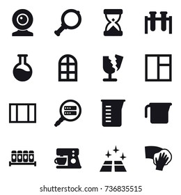16 vector icon set : web cam, magnifier, arch window, window, measuring cup, clean floor, wiping