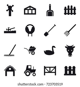 16 vector icon set : windmill, greenhouse, scoop, fence, soil cutter, sheep, shovel, fork, rake, wheelbarrow, goose, cow, barn, tractor, farm fence, grain elevator