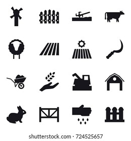 16 vector icon set : windmill, fence, soil cutter, cow, sheep, field, sickle, wheelbarrow, harvest, harvester, barn, rabbit, farm fence, sow, grain elevator