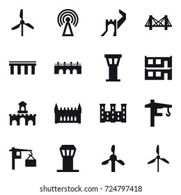 16 vector icon set : windmill, antenna, greate wall, bridge, airport tower, modular house, fort, gothic architecture, palace, tower crane