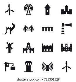 16 vector icon set : windmill, antenna, tower, castle, greate wall, bridge, lighthouse, fort, gothic architecture, palace, airport tower