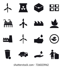 16 vector icon set : windmill, nuclear power, box, panel house, seedling, sprouting, factory, hand drop, ecology, trash bin, trash truck, hand and drop, garbage bin