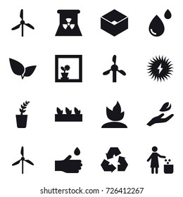 16 vector icon set : windmill, nuclear power, box, flower in window, seedling, sprouting, hand leaf, hand drop, recycling, garbage bin