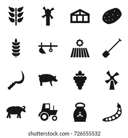 16 vector icon set : windmill, greenhouse, plow, field, shovel, sickle, pig, grape, sheep, tractor, fertilizer, peas
