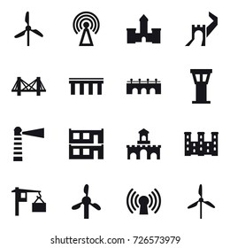 16 vector icon set : windmill, antenna, castle, greate wall, bridge, airport tower, lighthouse, modular house, fort, palace