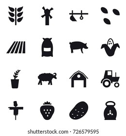 16 vector icon set : windmill, plow, seeds, field, flour, pig, corn, seedling, sheep, barn, tractor, scarecrow, strawberry, potato, fertilizer