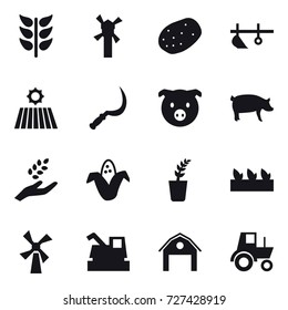 16 vector icon set : windmill, plow, field, sickle, pig, harvest, corn, seedling, harvester, barn, tractor