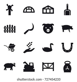 16 vector icon set : windmill, greenhouse, scoop, fence, sickle, pig, wheelbarrow, harvest, goose, horseshoe, sheep, harvester, farm fence, fertilizer