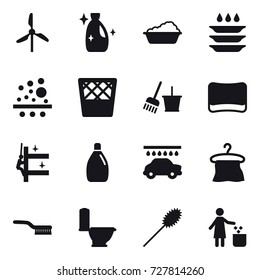 16 vector icon set : windmill, cleanser, washing, plate washing, trash bin, bucket and broom, sponge, skyscrapers cleaning, car wash, hanger, brush, toilet, duster, garbage bin