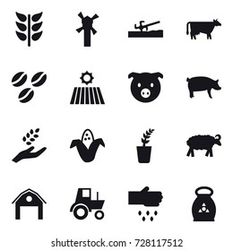 16 vector icon set : windmill, soil cutter, cow, coffee seeds, field, pig, harvest, corn, seedling, sheep, barn, tractor, sow, fertilizer
