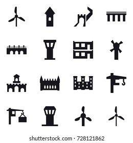 16 vector icon set : windmill, tower, greate wall, bridge, airport tower, modular house, fort, gothic architecture, palace, tower crane