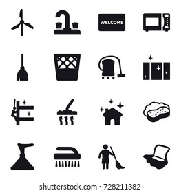 16 vector icon set : windmill, water tap, welcome mat, broom, trash bin, vacuum cleaner, clean  window, skyscrapers cleaning, house cleaning, sponge with foam, plunger, brush, brooming