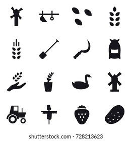 16 vector icon set : windmill, plow, seeds, spikelets, shovel, sickle, flour, harvest, seedling, goose, tractor, scarecrow, strawberry, potato