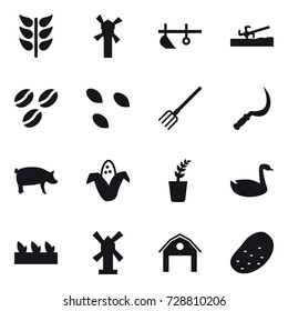 16 vector icon set : windmill, plow, soil cutter, coffee seeds, seeds, fork, sickle, pig, corn, seedling, goose, barn, potato
