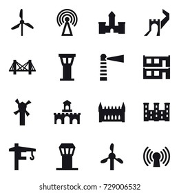 16 vector icon set : windmill, antenna, castle, greate wall, bridge, airport tower, lighthouse, modular house, fort, gothic architecture, palace, tower crane