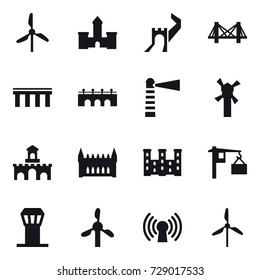 16 vector icon set : windmill, castle, greate wall, bridge, lighthouse, fort, gothic architecture, palace, airport tower