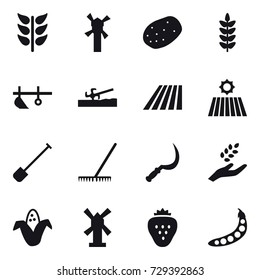 16 vector icon set : windmill, plow, soil cutter, field, shovel, rake, sickle, harvest, corn, strawberry, peas