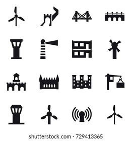 16 vector icon set : windmill, greate wall, bridge, airport tower, lighthouse, modular house, fort, gothic architecture, palace