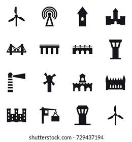 16 vector icon set : windmill, antenna, tower, castle, bridge, airport tower, lighthouse, fort, gothic architecture, palace