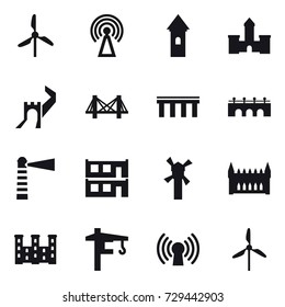 16 vector icon set : windmill, antenna, tower, castle, greate wall, bridge, lighthouse, modular house, gothic architecture, palace, tower crane