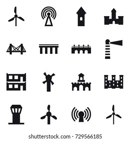 16 vector icon set : windmill, antenna, tower, castle, bridge, lighthouse, modular house, fort, palace, airport tower