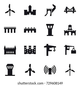 16 vector icon set : windmill, castle, greate wall, bridge, airport tower, fort, gothic architecture, palace, tower crane