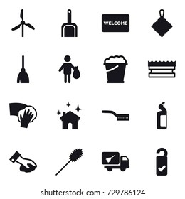 16 vector icon set : windmill, scoop, welcome mat, rag, broom, trash, foam bucket, sponge, wiping, house cleaning, brush, toilet cleanser, duster, home call cleaning, please clean