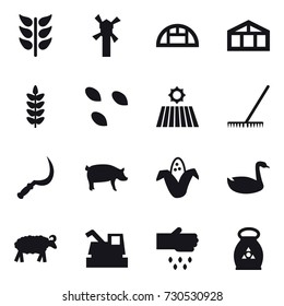 16 vector icon set : windmill, greenhouse, seeds, field, rake, sickle, pig, corn, goose, sheep, harvester, sow, fertilizer