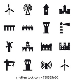 16 vector icon set : windmill, antenna, tower, castle, bridge, airport tower, lighthouse, fort, gothic architecture, palace, tower crane