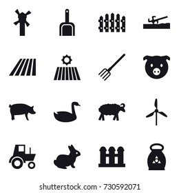 16 vector icon set : windmill, scoop, fence, soil cutter, field, fork, pig, goose, sheep, tractor, rabbit, grain elevator, fertilizer
