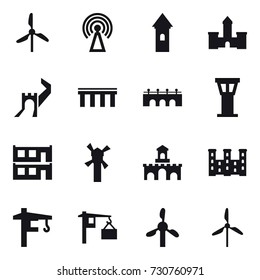 16 vector icon set : windmill, antenna, tower, castle, greate wall, bridge, airport tower, modular house, fort, palace, tower crane
