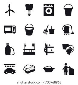 16 vector icon set : windmill, washing machine, bucket, bucket and broom, vacuum cleaner, shampoo, skyscapers cleaning, skyscrapers cleaning, wiping, car wash, sponge with foam, foam basin