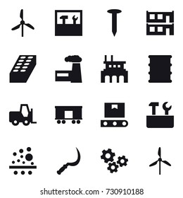 16 vector icon set : windmill, tools, nail, modular house, brick, factory, repair tools, sickle, gears