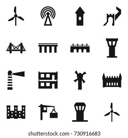 16 vector icon set : windmill, antenna, tower, greate wall, bridge, airport tower, lighthouse, modular house, gothic architecture, palace